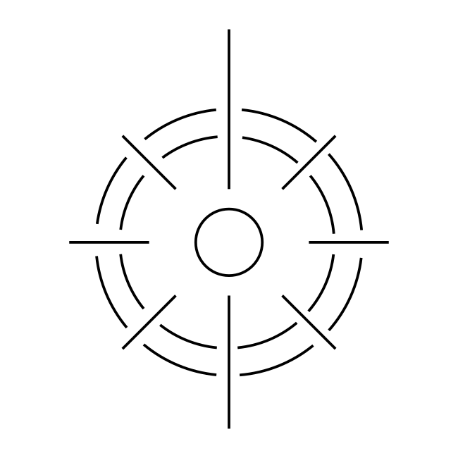 A symbol consisting of a circle with eight spokes with arcs between them